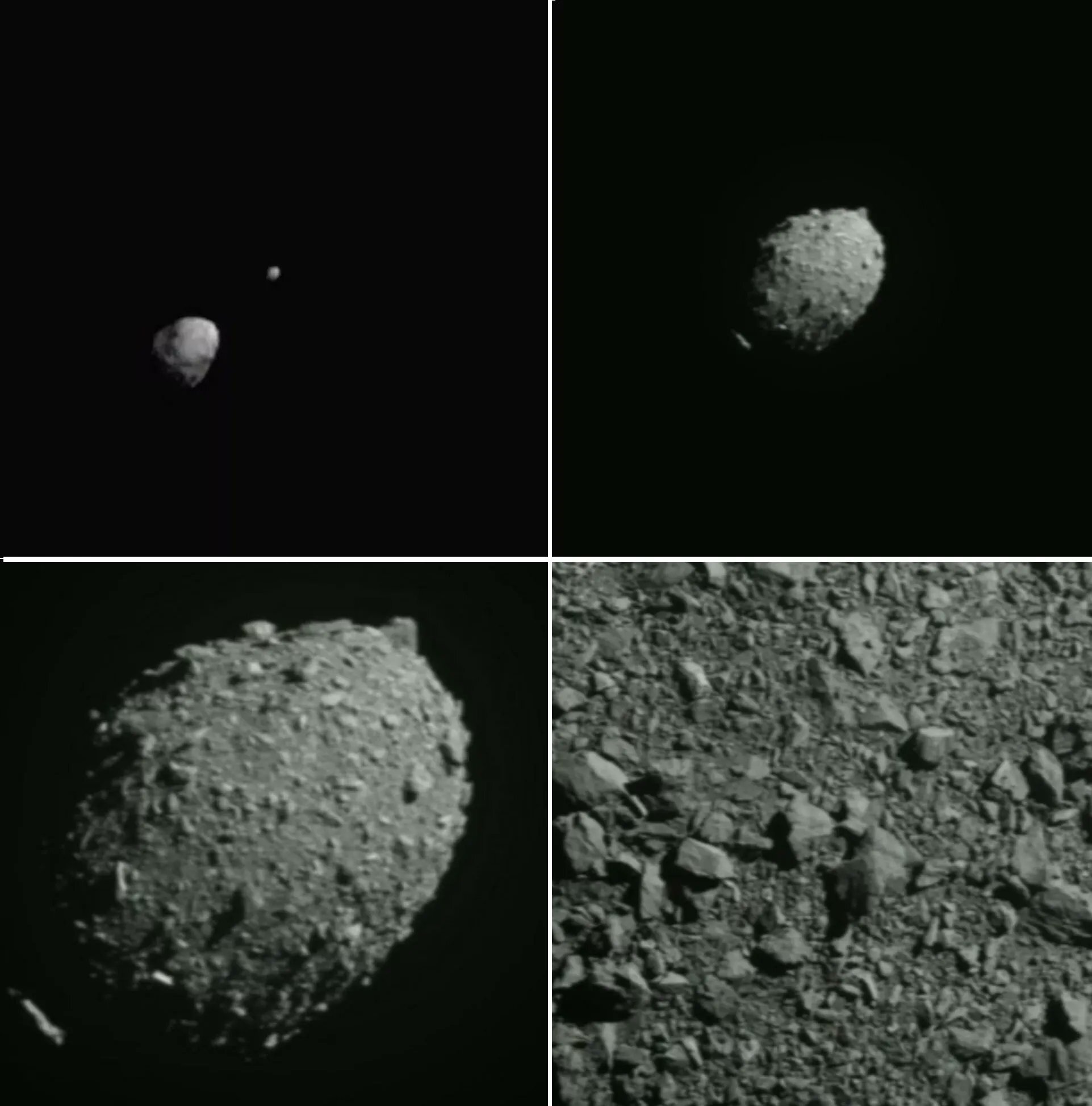 L'asteroide Dimorfo va ser captat per la missió DART de la NASA dos segons abans que la nau espacial xoqués contra la seva superfície. Crèdits: NASA/Johns Hopkins APL. Inferior dreta, imatge de la superfície de Dimorf obtinguda per la càmera Draco a bord de la sonda DART Crèdits: NASA. L'asteroide Dimorfo va ser captat per la missió DART de la NASA dos segons abans que la nau espacial xoqués contra la seva superfície. Crèdits: NASA/Johns Hopkins APL. Inferior dreta, imatge de la superfície de Dimorf obtinguda per la càmera Draco a bord de la sonda DART Crèdits: NASA.