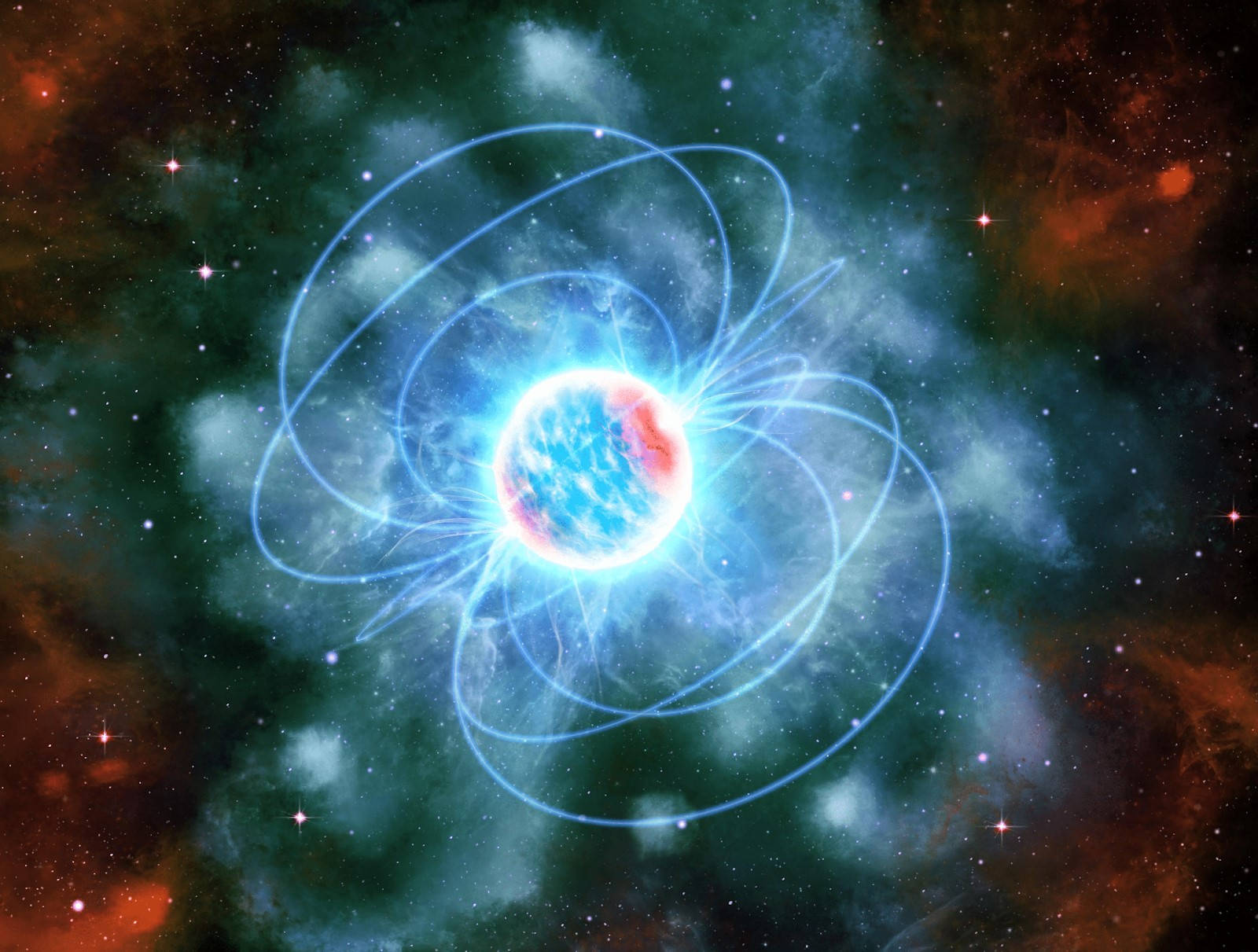 Impressió artística d'una estrella de neutrons, mostrada com una esfera blava i vermella brillant amb trets semblants a espurnes que en surten volant. Diverses línies blaves de camp magnètic connecten els dos pols de l'esfera. L'esfera està envoltada per un núvol blau transparent i amb un núvol vermell als costats de la imatge. Al fons de la imatge es veuen estrelles. Crèdits: ICE-CSIC/D. Futselaar/Marino et al. Impressió artística d'una estrella de neutrons, mostrada com una esfera blava i vermella brillant amb trets semblants a espurnes que en surten volant. Diverses línies blaves de camp magnètic connecten els dos pols de l'esfera. L'esfera està envoltada per un núvol blau transparent i amb un núvol vermell als costats de la imatge. Al fons de la imatge es veuen estrelles. Crèdits: ICE-CSIC/D. Futselaar/Marino et al.