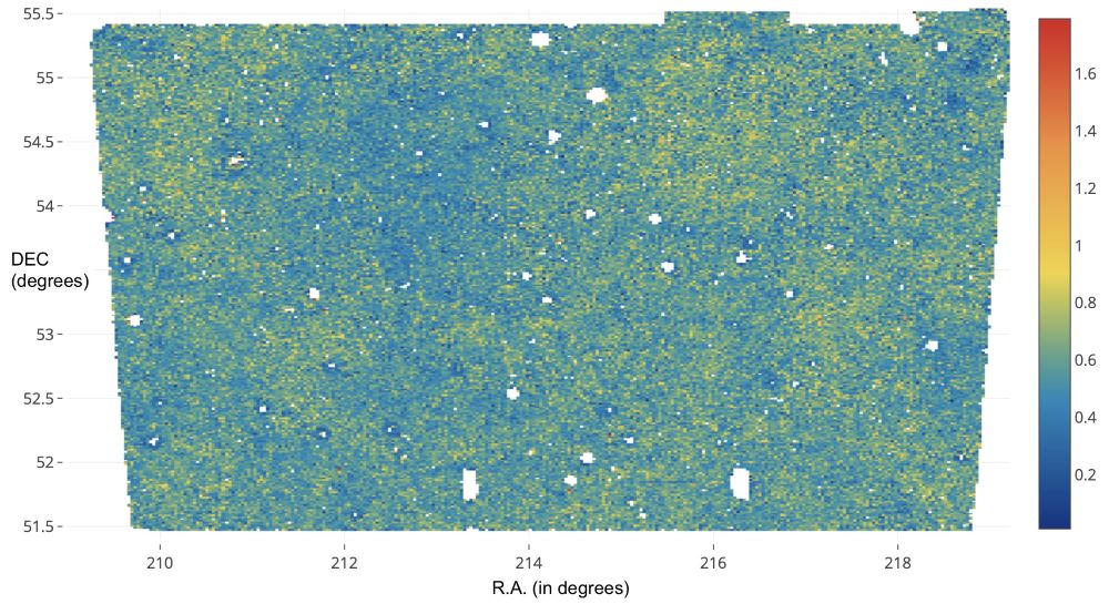 mapa que mostra les posicions al cel d'aproximadament 750.000 galàxies en un dels quatre camps PAUS (W3 CFHT-Lens). Crèdits: CosmoHub.com. mapa que mostra les posicions al cel d'aproximadament 750.000 galàxies en un dels quatre camps PAUS (W3 CFHT-Lens). Crèdits: CosmoHub.com.
