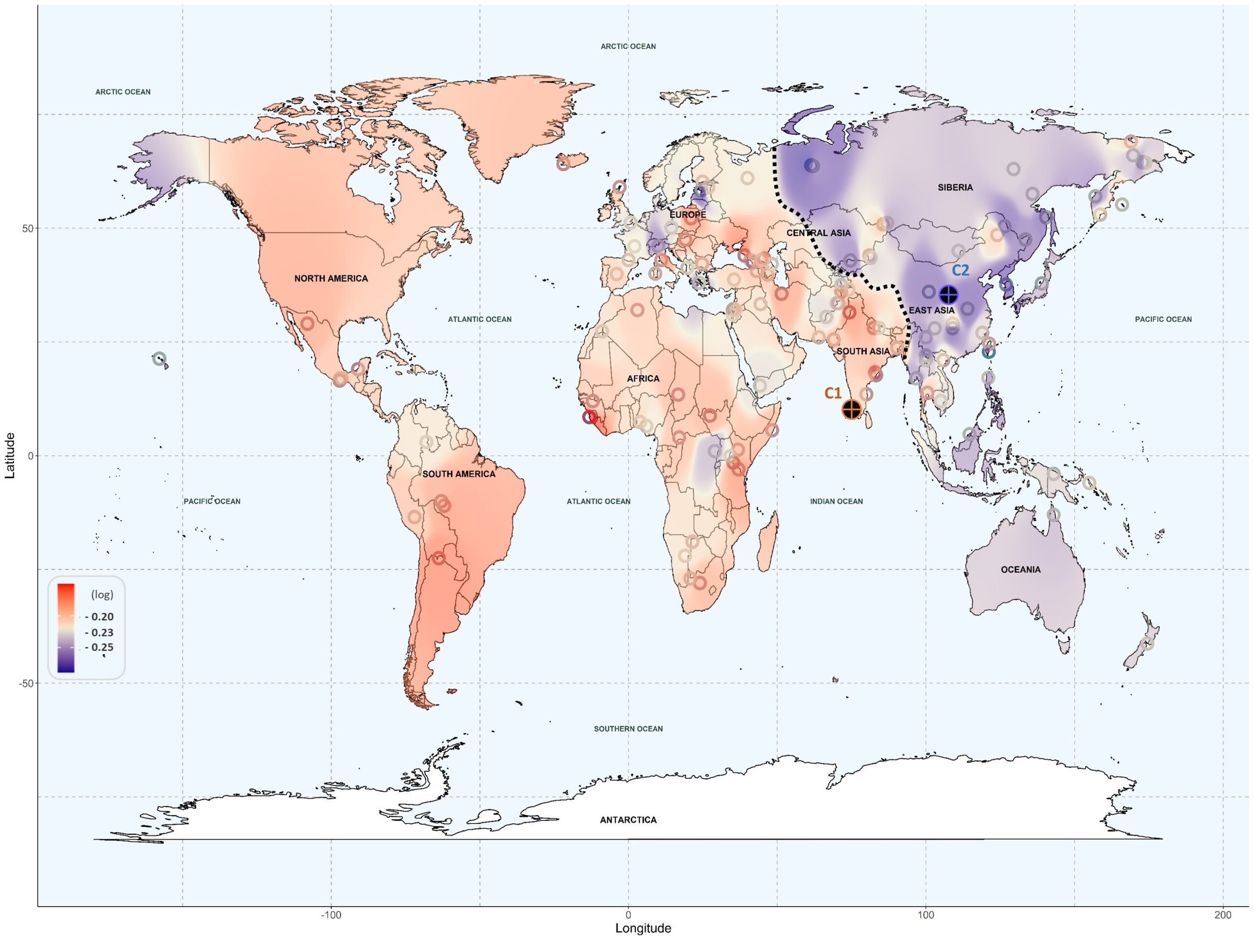 vMapa global predictiu de la diversitat genètica revela diferents patrons geogràfics relacionats amb els efectes adversos dels medicaments. Cada regió de mostreig s'ha representat al mapa mitjançant punts de dades circulars, i els colors (blau fosc o vermell clar) indiquen l'estimació del risc dins de les regions respectives. En vermell es mostren les regions amb més risc i en blau les regions amb menys risc. Crèdit a Kariofyllis Karamperis i Òscar Lao.