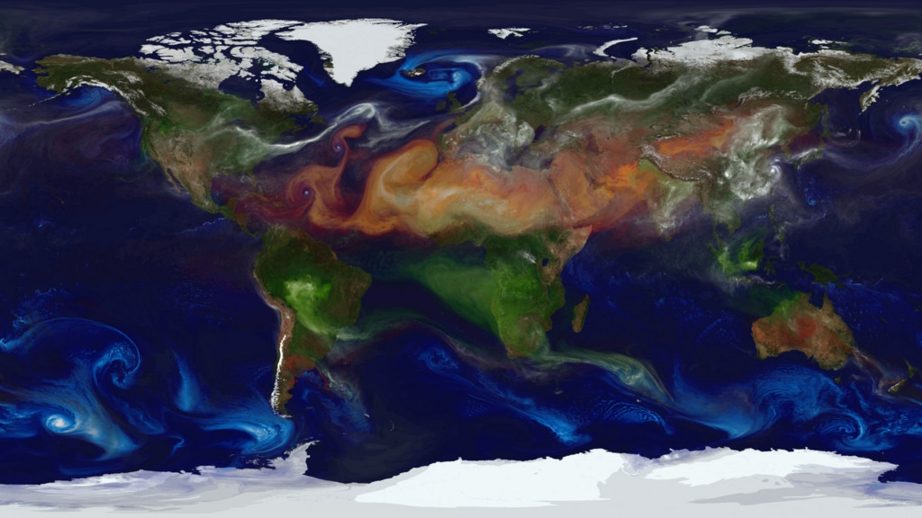 Imagen en la que se puede apreciar las masas de aire con polvo del Sáhara.Fuente : NASA